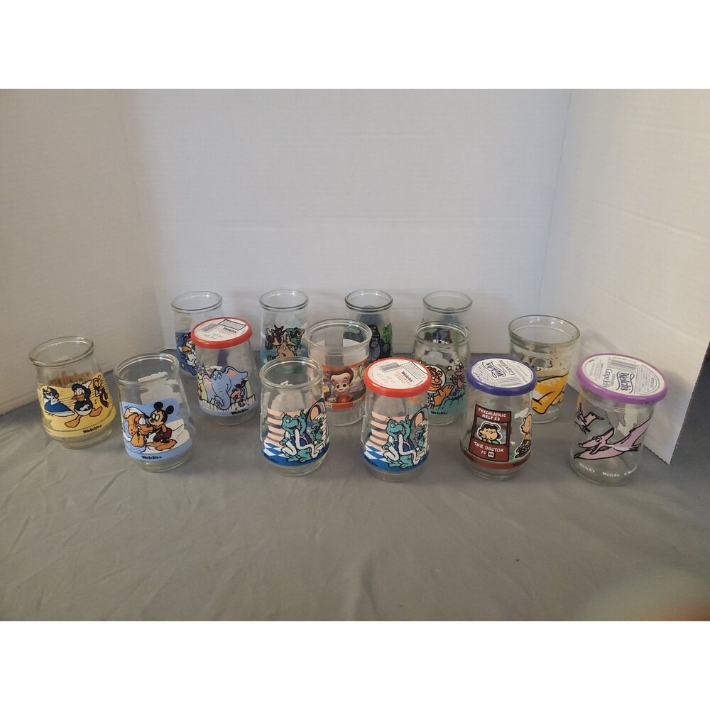 14 Vtg WELCH'S JELLY JAR DRINKING GLASS LOT Dr Seuss Peanut Disney Dinosaur